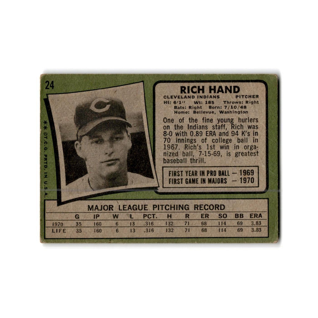 Rich Hand Rookie 1971 Topps #24 Cleveland Indians Baseball Card Poor