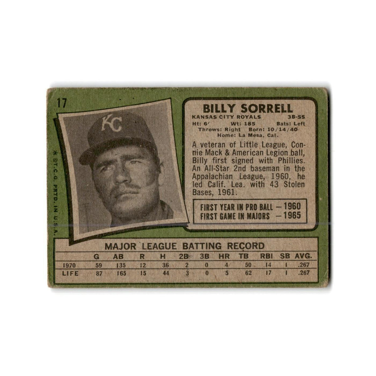 Billy Sorrell 1971 Topps #17 Kansas City Royals Baseball Card Poor
