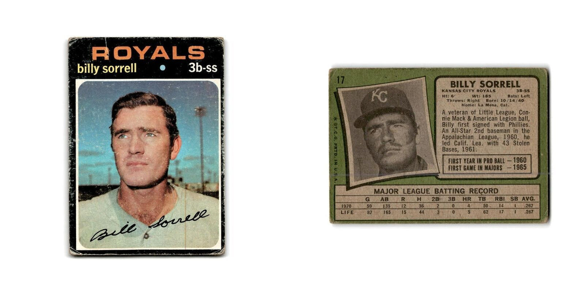 Billy Sorrell 1971 Topps #17 Kansas City Royals Baseball Card Poor