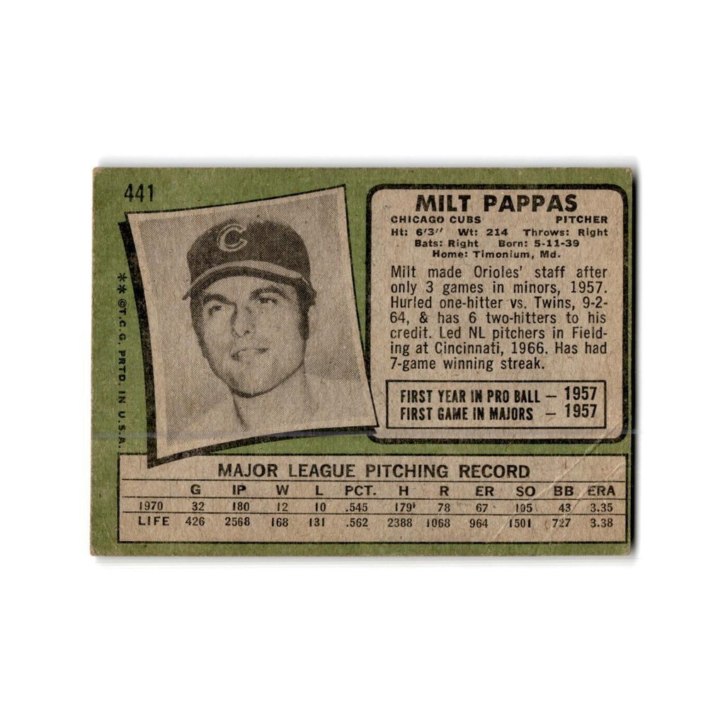 Milt Pappas 1971 Topps #441 Chicago Cubs Baseball Card Poor