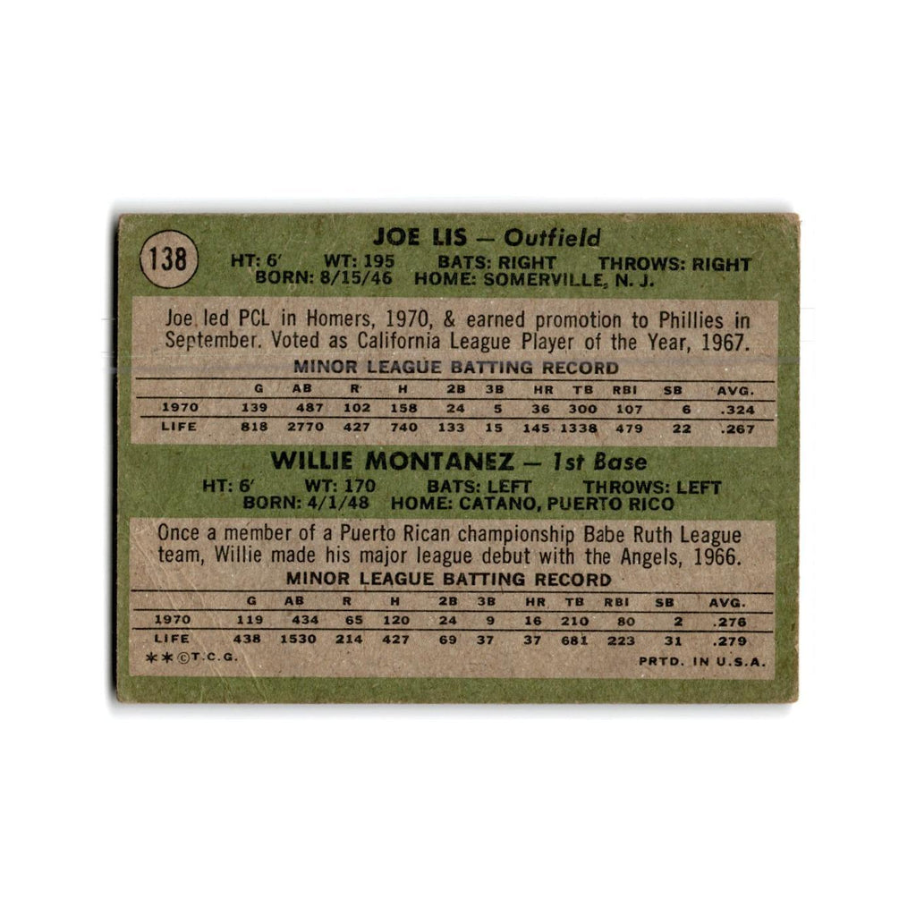 Phillies Rookies - Joe Lis Willie Montanez Rookie 1971 Topps #138 Phillies Poor