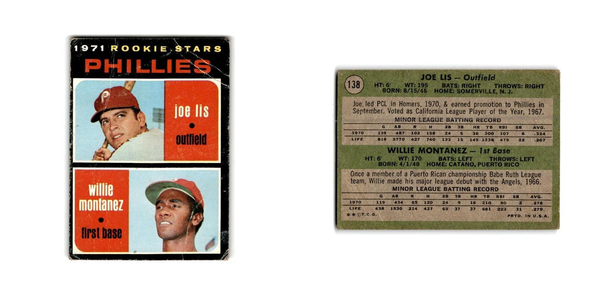 Phillies Rookies - Joe Lis Willie Montanez Rookie 1971 Topps #138 Phillies Poor