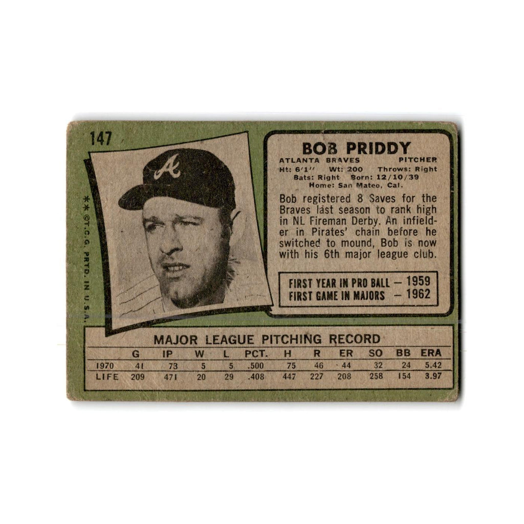 Bob Priddy 1971 Topps #147 Atlanta Braves Baseball Card Poor