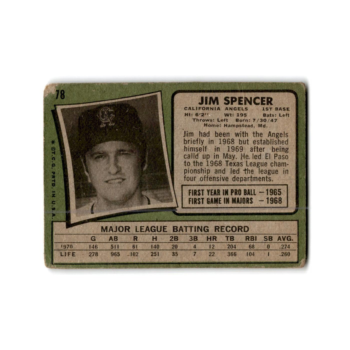 Jim Spencer 1971 Topps #78 California Angels Baseball Card Poor