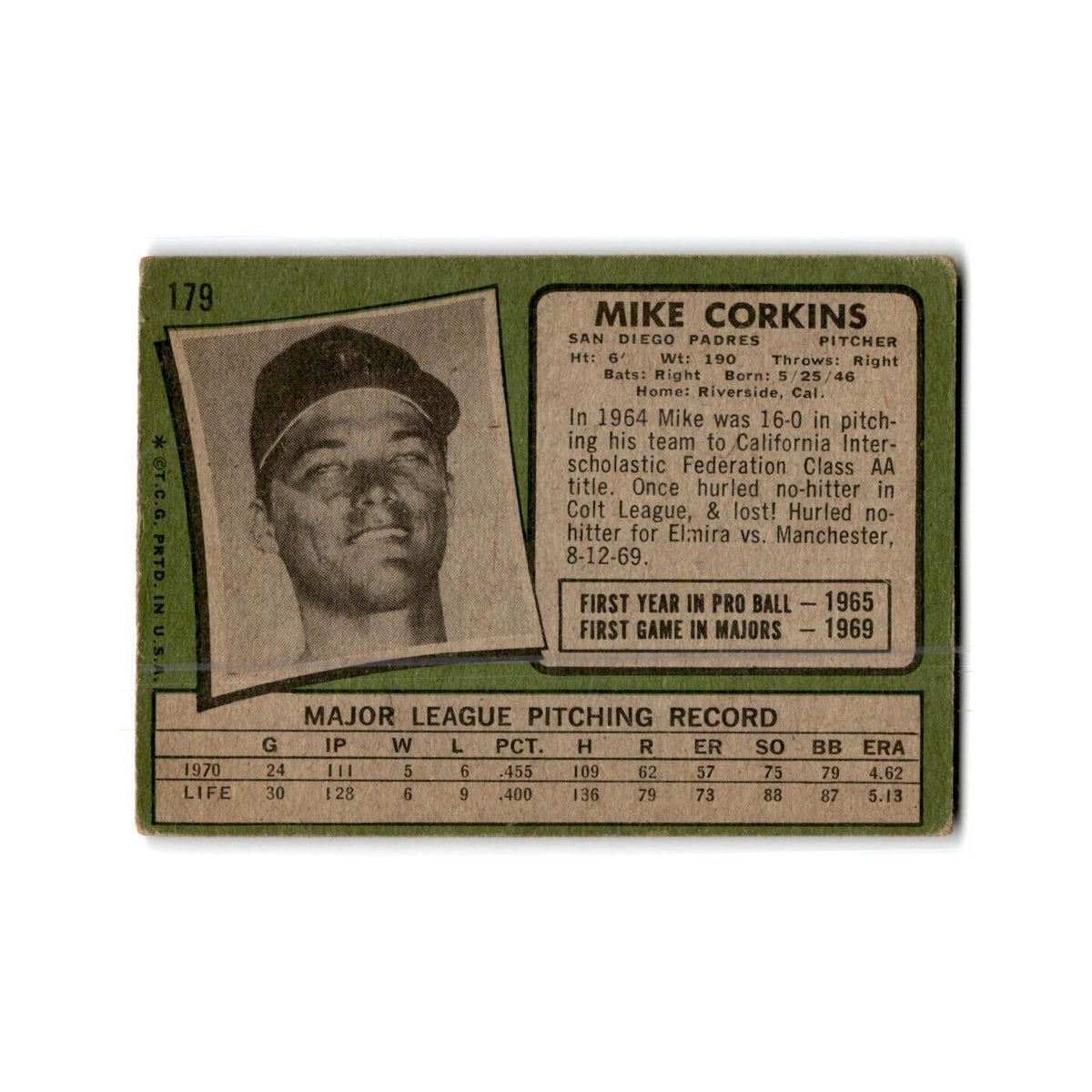 Mike Corkins 1971 Topps #179 San Diego Padres Baseball Card Poor