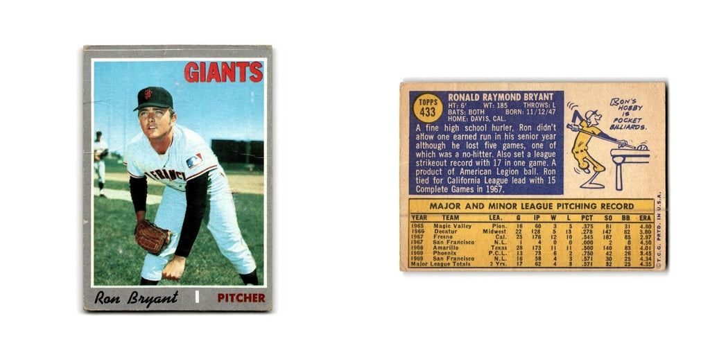 Ron Bryant 1970 Topps #433 San Francisco Giants Baseball Card Poor