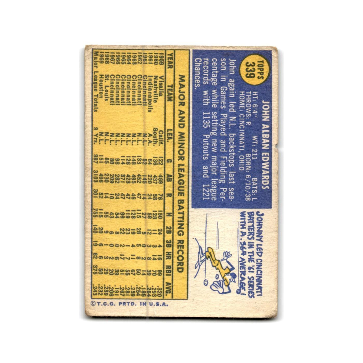 Johnny Edwards 1970 Topps #339 Houston Astros Baseball Card Poor