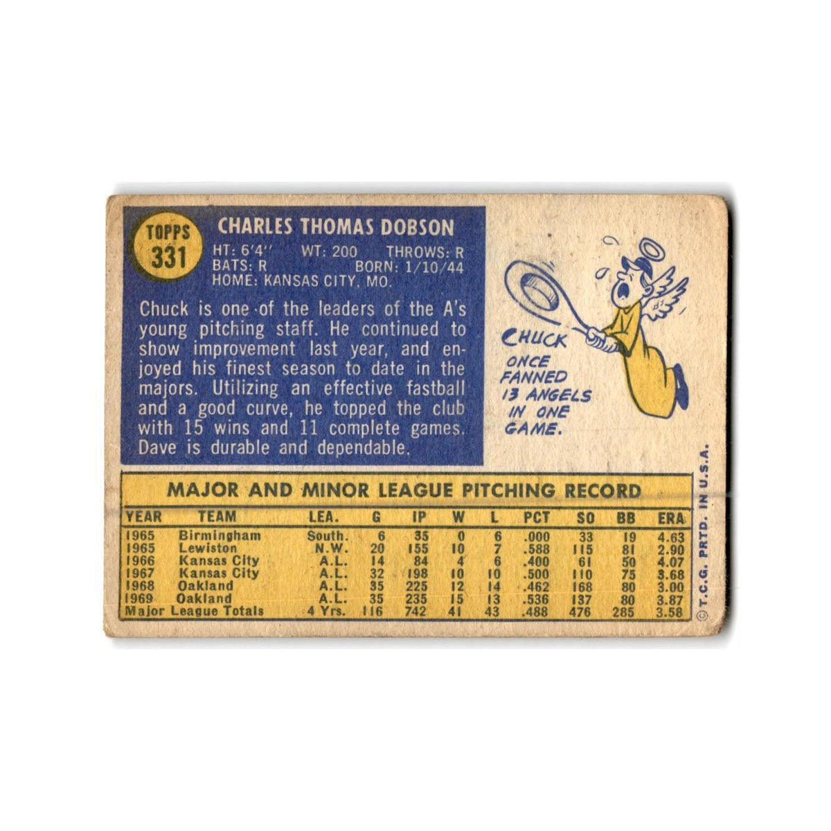 Chuck Dobson 1970 Topps #331 Oakland Athletics Baseball Card Poor