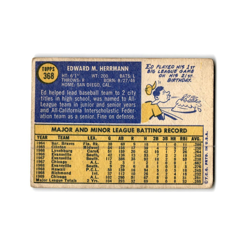 Ed herrmann Rookie 1970 Topps #368 Chicago White Sox Baseball Card Poor
