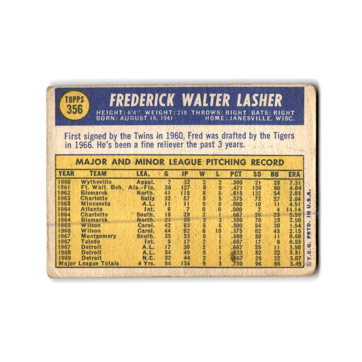 Fred Lasher 1970 Topps #356 Detroit Tigers Baseball Card Poor