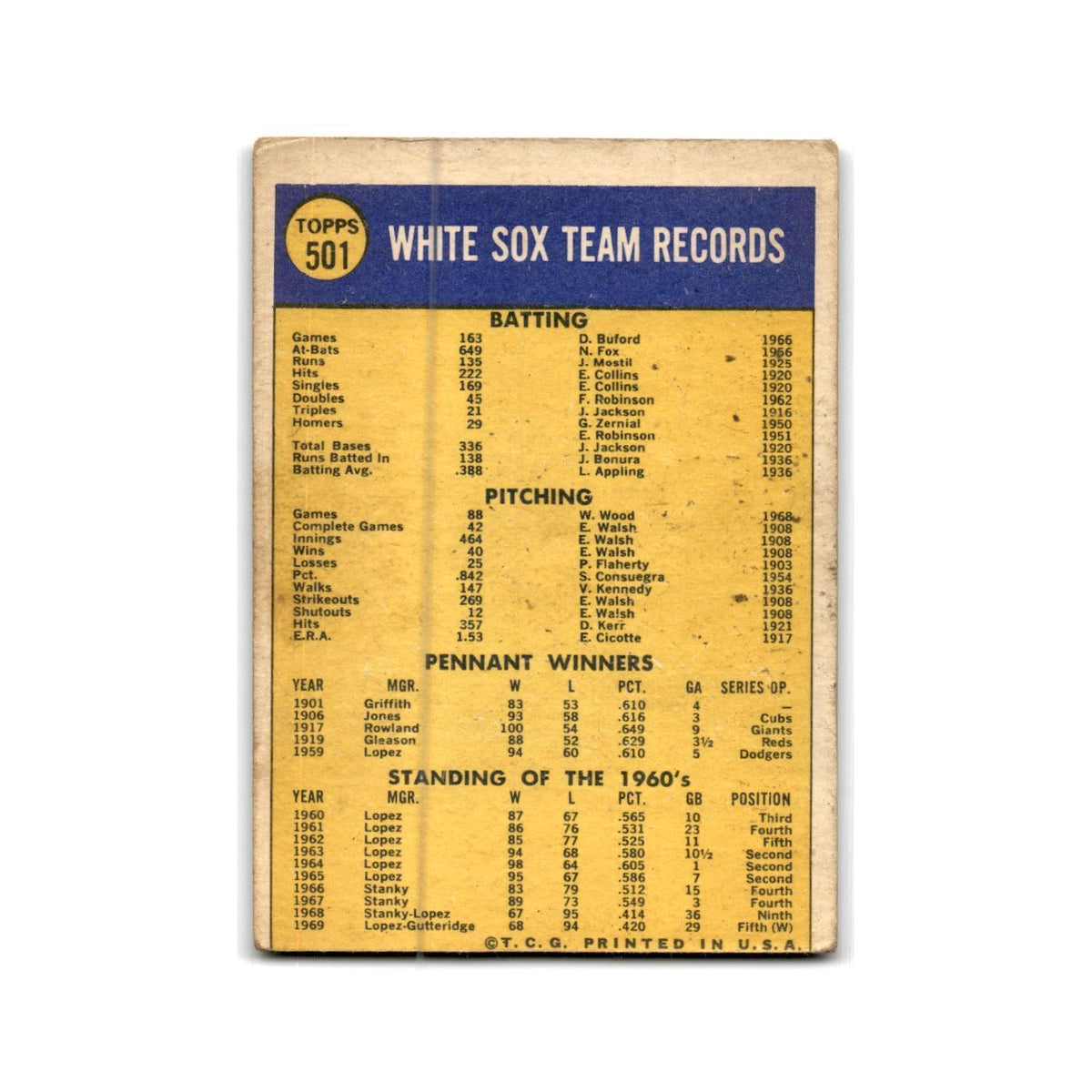 White Sox Team Photo Records 1970 Topps #501 Chicago White Sox Poor