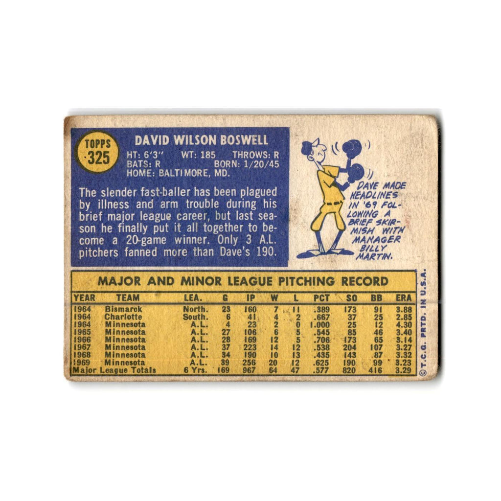 Dave Boswell 1970 Topps #325 Minnesota Twins Baseball Card Poor