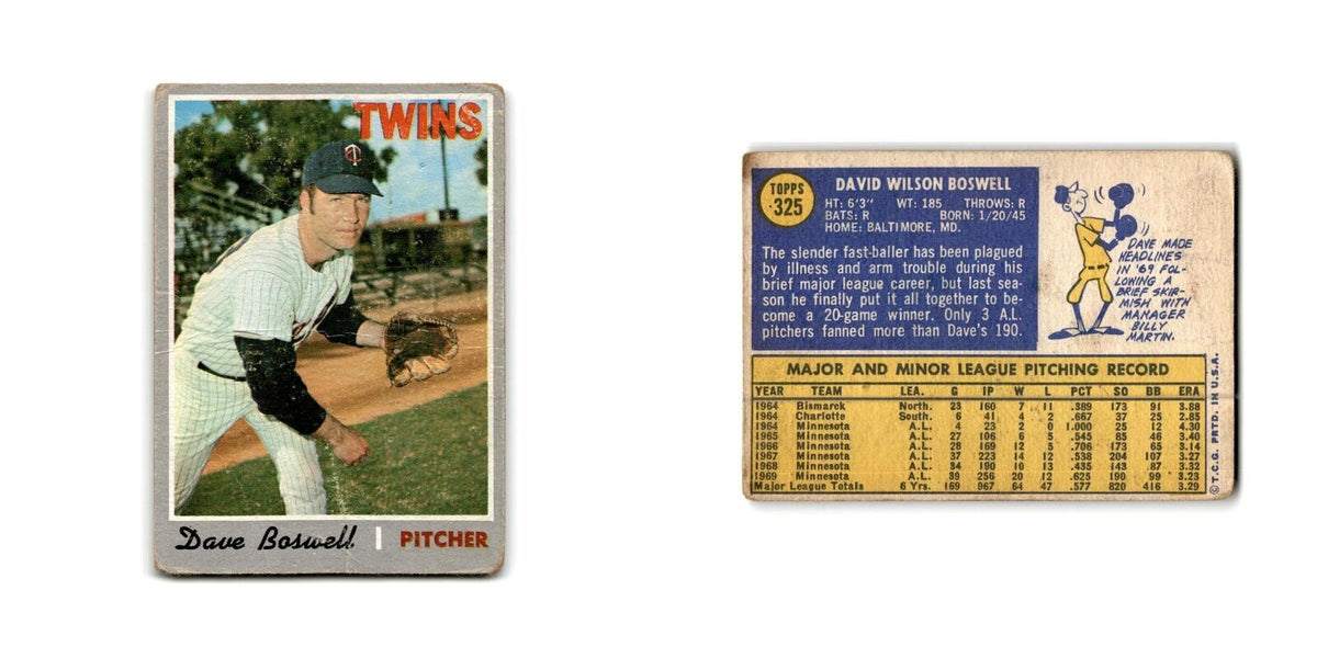 Dave Boswell 1970 Topps #325 Minnesota Twins Baseball Card Poor