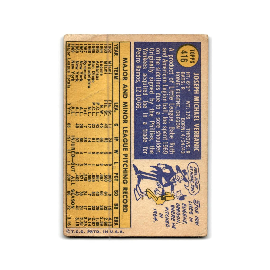 Joe Verbanic 1970 Topps #416 New York Yankees Baseball Card Poor