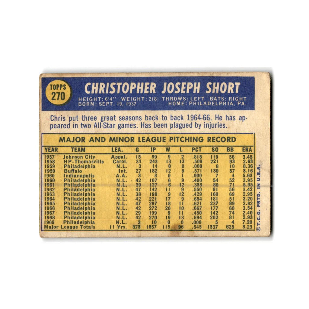 Chris Short 1970 Topps #270 Philadelphia Phillies Baseball Card Poor