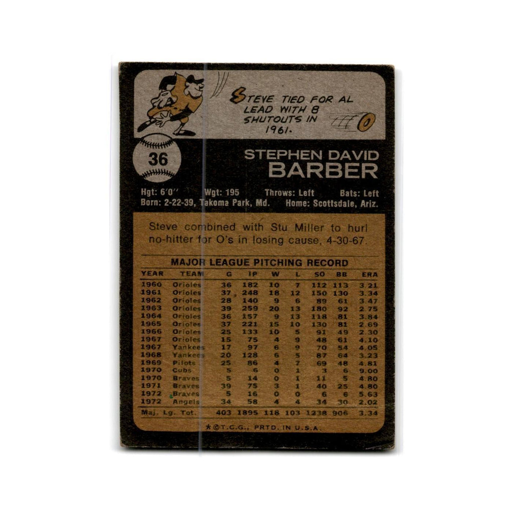 Steve Barber 1973 Topps #36 California Angels Baseball Card Poor