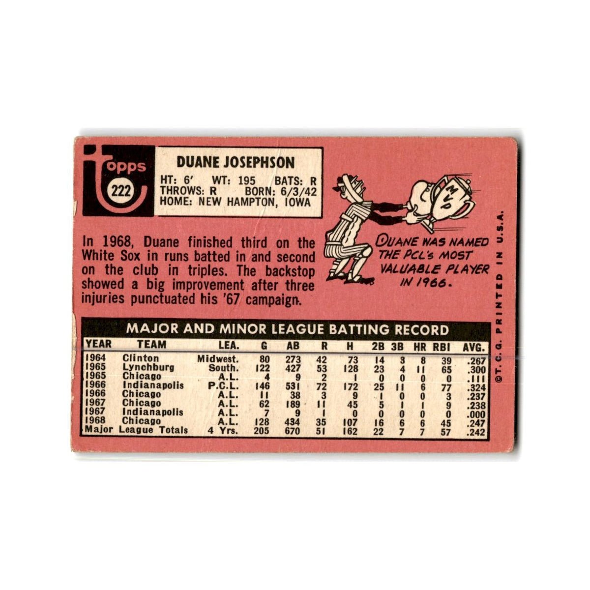 Duane Josephson 1969 Topps #222 Chicago White Sox Baseball Card Poor