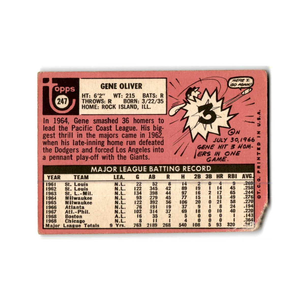 Gene Oliver 1969 Topps #247 Chicago Cubs Baseball Card Poor