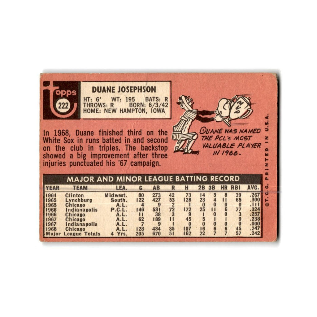 Duane Josephson 1969 Topps #222 Chicago White Sox Baseball Card Poor