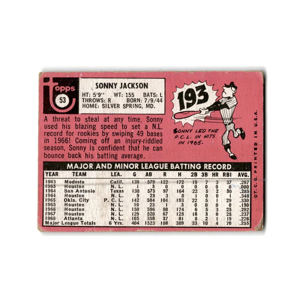 Sonny Jackson 1969 Topps #53 Atlanta Braves Baseball Card Poor