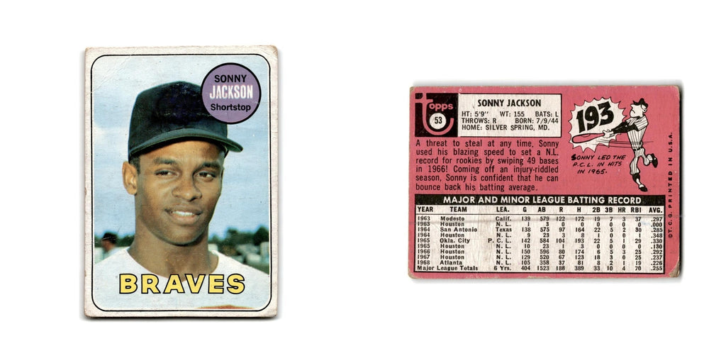 Sonny Jackson 1969 Topps #53 Atlanta Braves Baseball Card Poor
