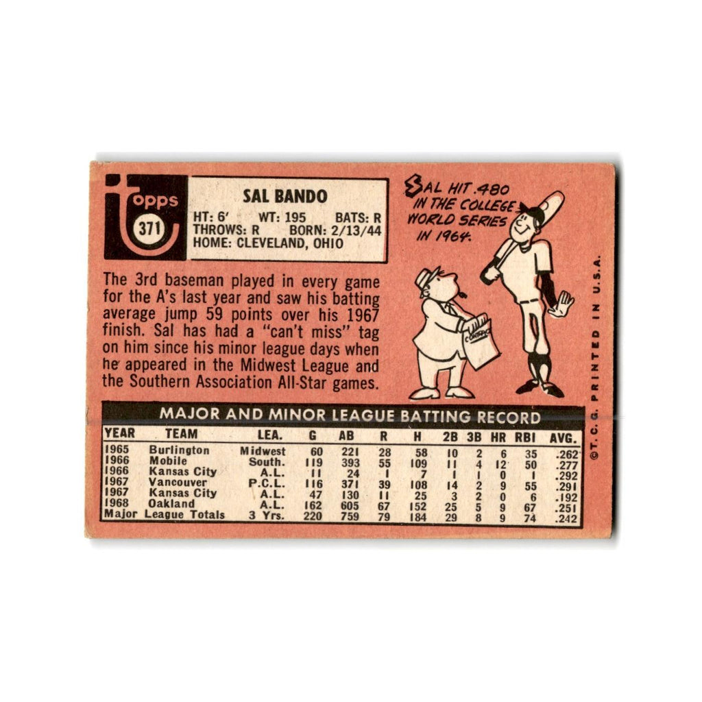 Sal Bando 1969 Topps #371 Oakland Athletics Baseball Card Poor