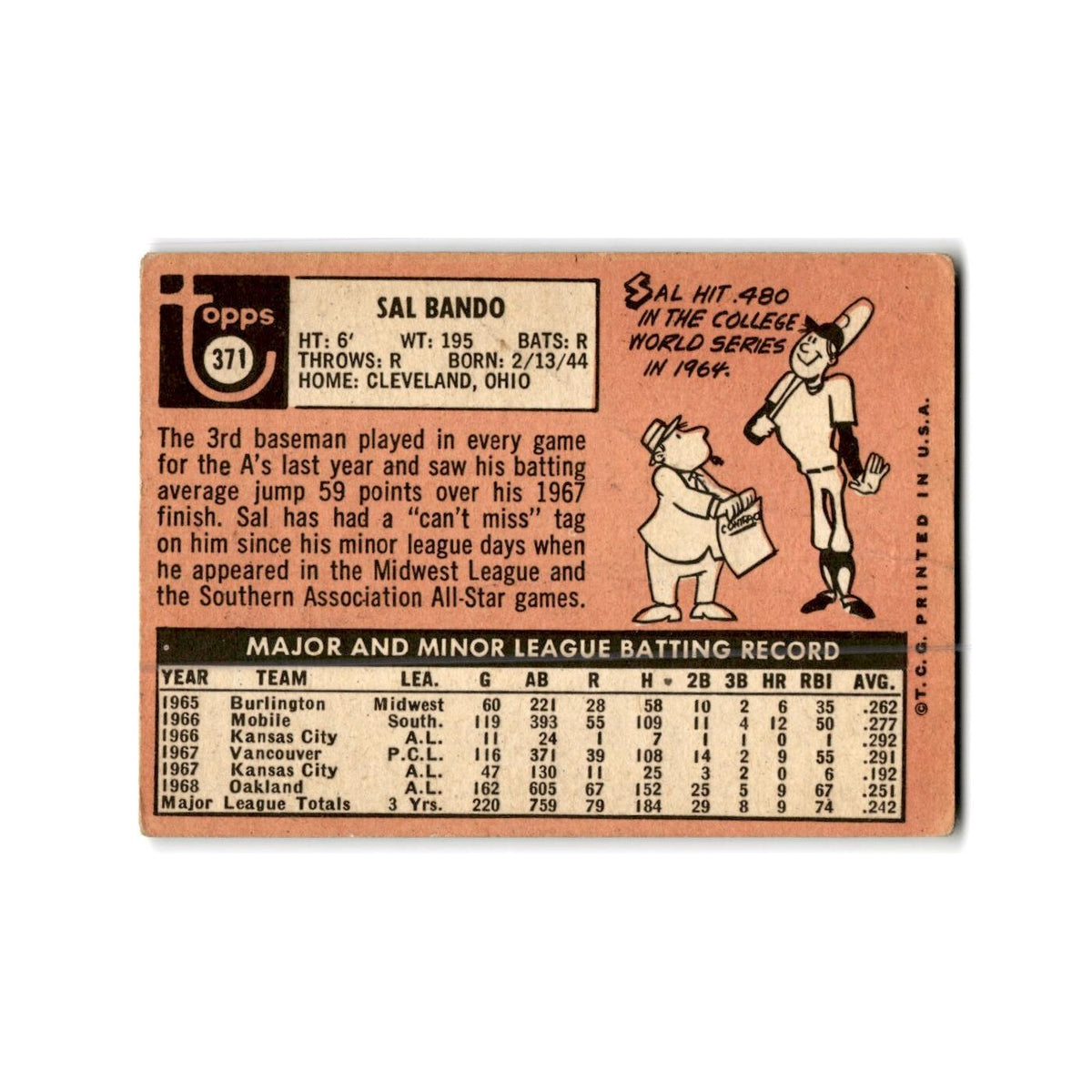 Sal Bando 1969 Topps #371 Oakland Athletics Baseball Card Poor