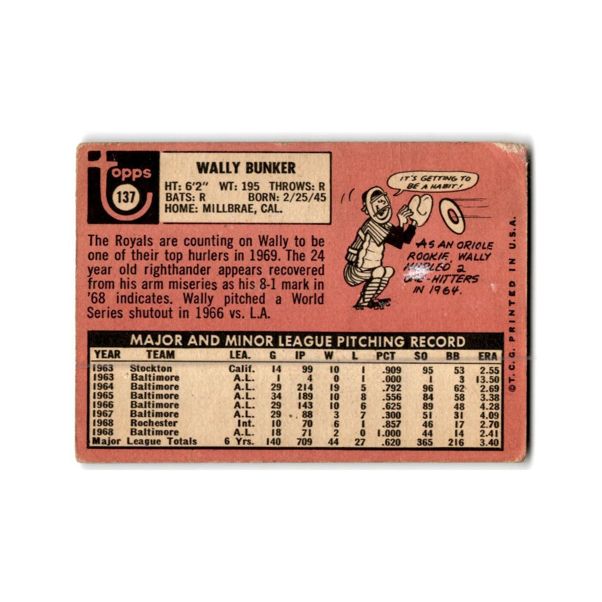 Wally Bunker 1969 Topps #137 Kansas City Royals Baseball Card Poor