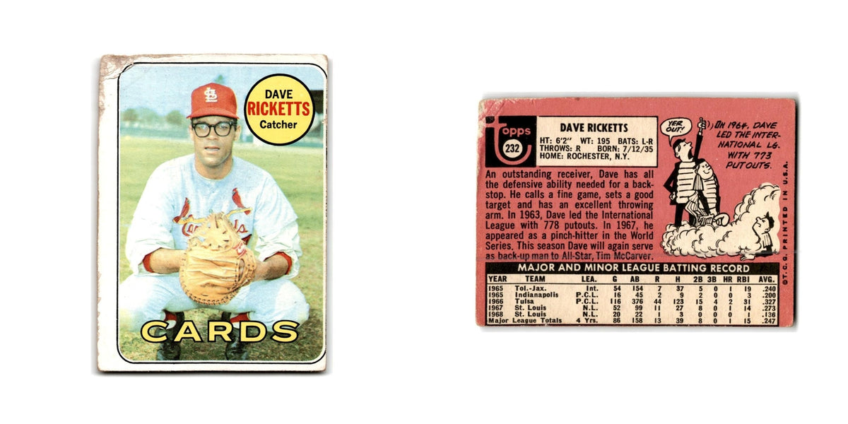 Dave Ricketts 1969 Topps #232 St. Louis Cardinals Baseball Card Poor