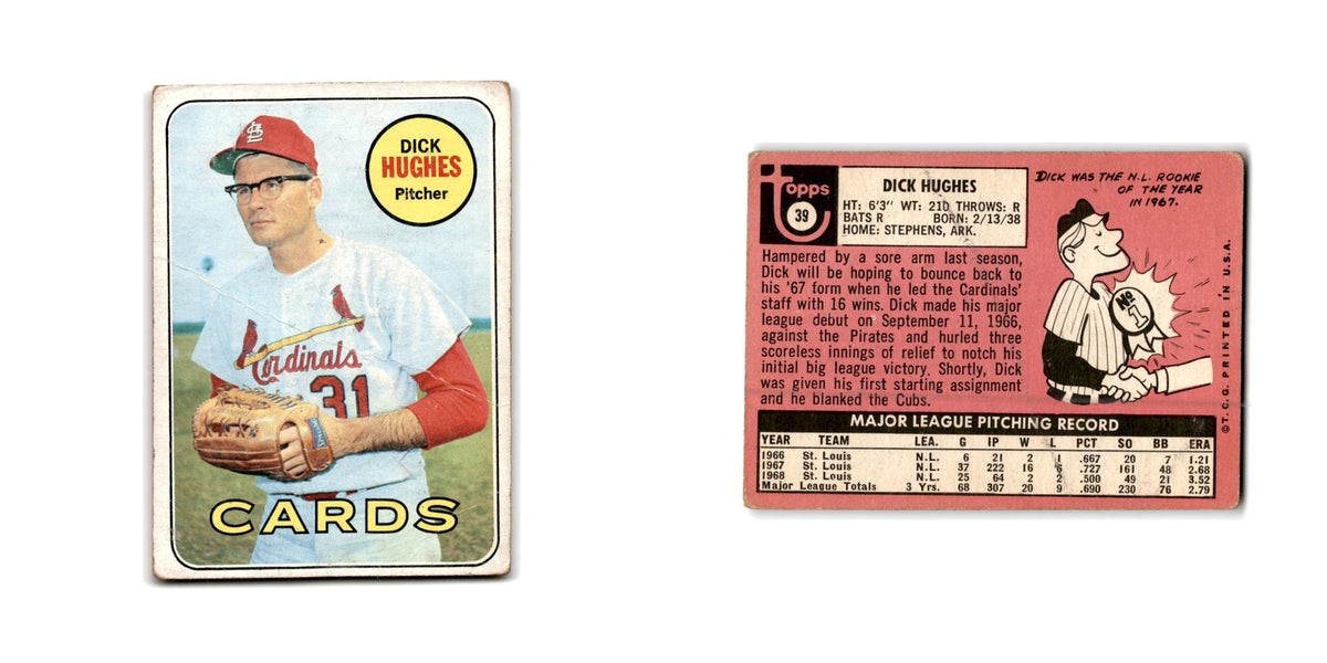 Dick Hughes 1969 Topps #39 St. Louis Cardinals Baseball Card Poor