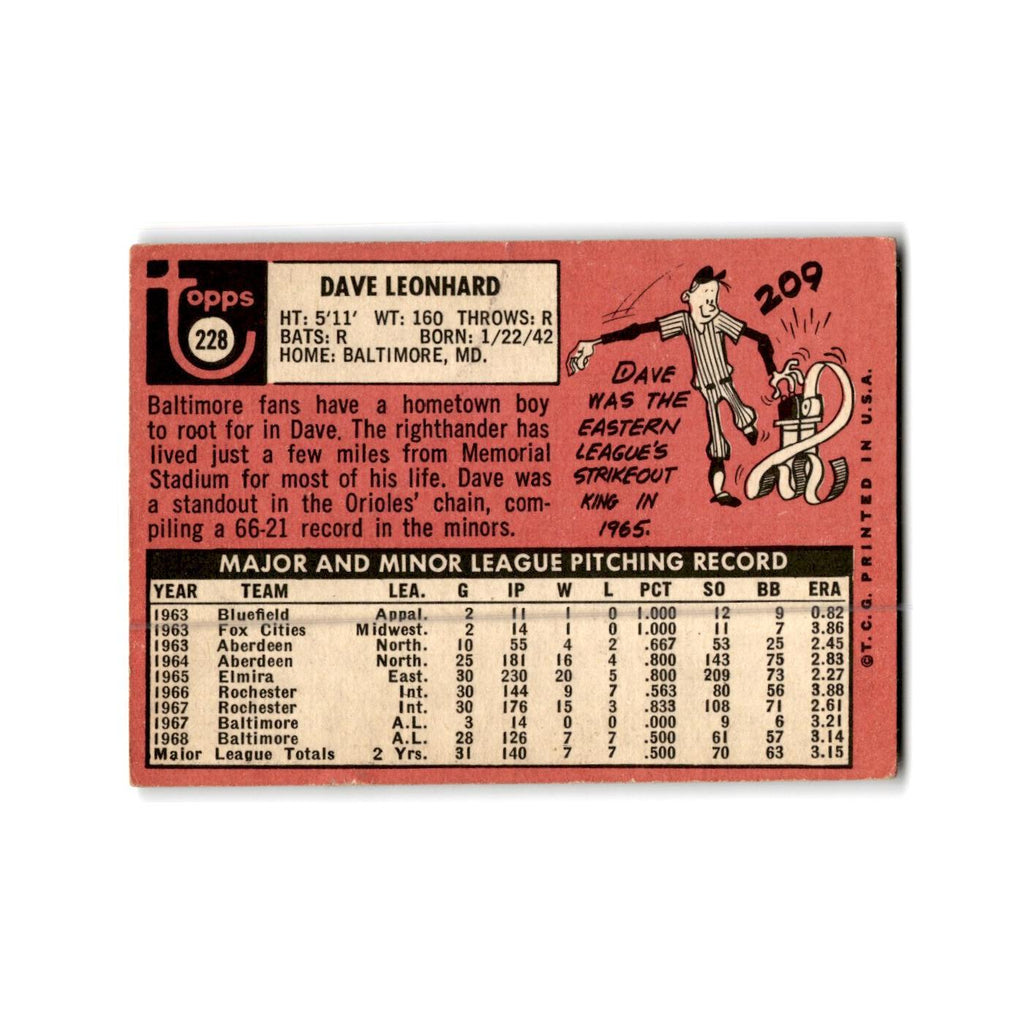 Dave Leonhard 1969 Topps #228 Baltimore Orioles Baseball Card Poor