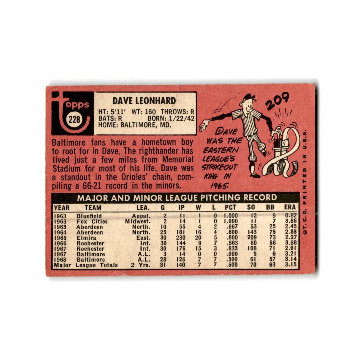 Dave Leonhard 1969 Topps #228 Baltimore Orioles Baseball Card Poor