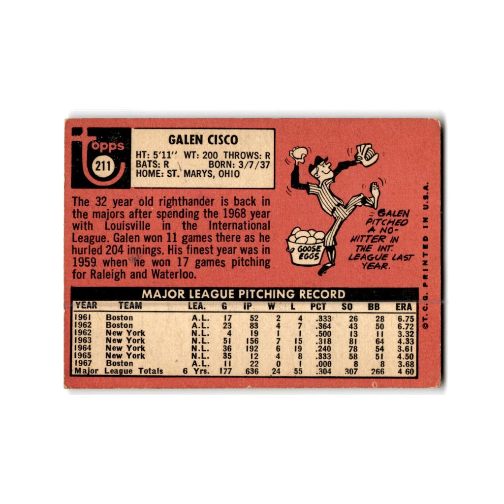 Galen Cisco 1969 Topps #211 Kansas City Royals Baseball Card Poor