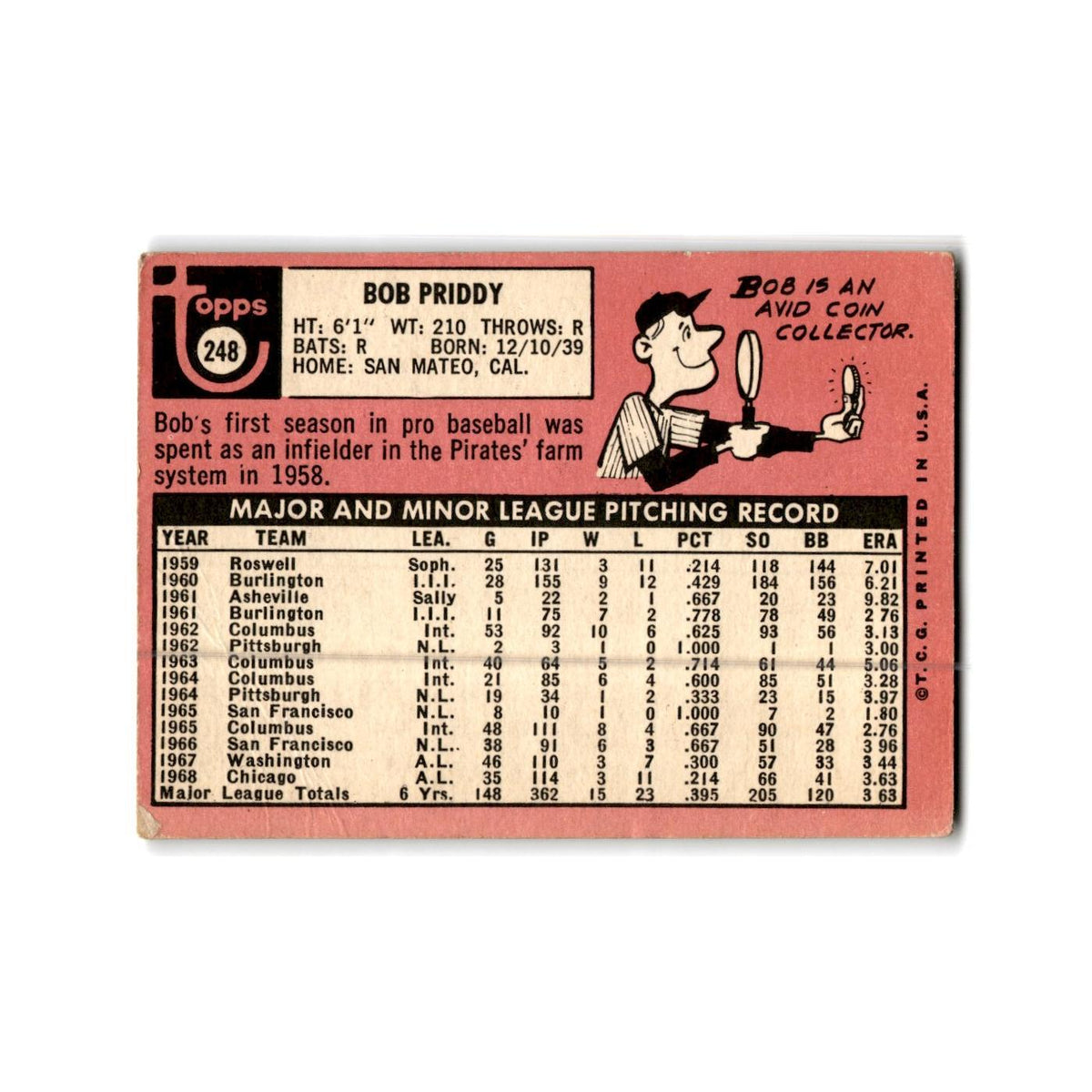 Bob Priddy 1969 Topps #248 Chicago White Sox Baseball Card Poor