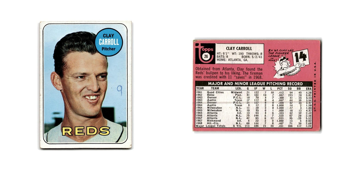 Clay Carroll 1969 Topps #26 Cincinnati Reds Baseball Card Poor