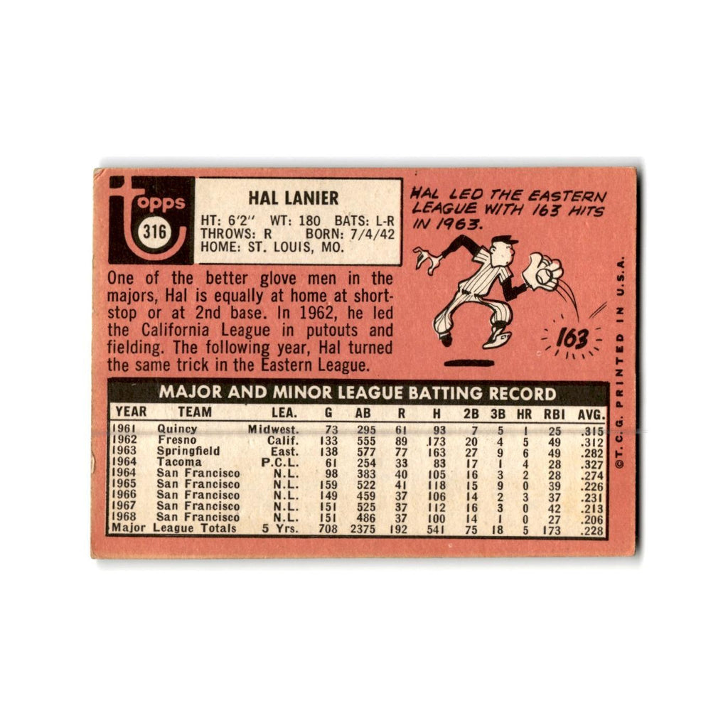 Hal Lanier 1969 Topps #316 San Francisco Giants Baseball Card Poor