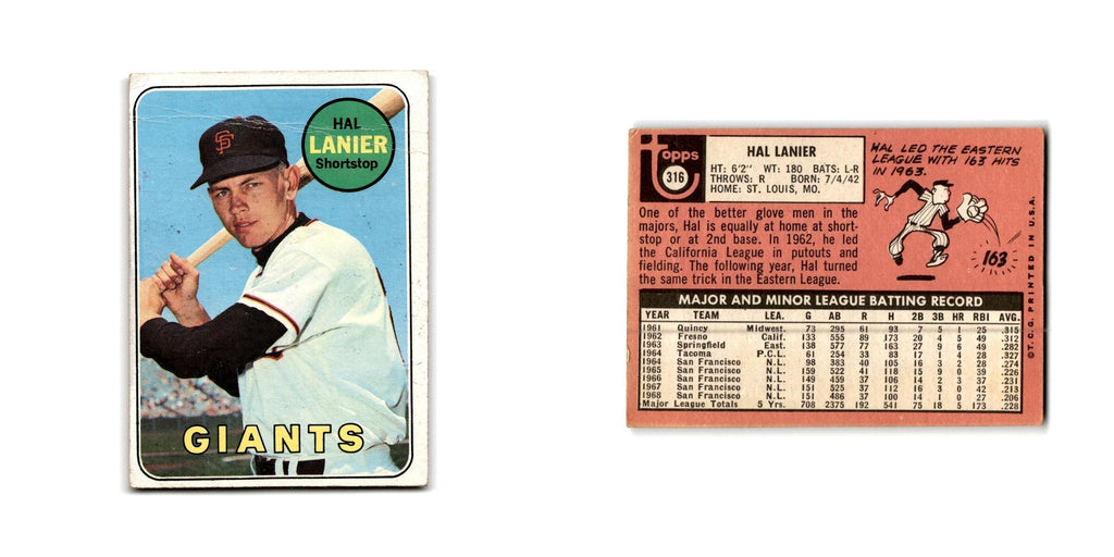 Hal Lanier 1969 Topps #316 San Francisco Giants Baseball Card Poor