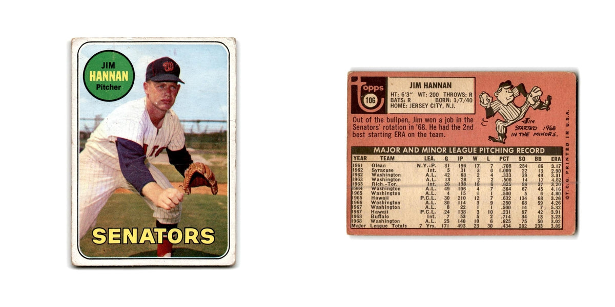 Jim Hannan 1969 Topps #106 Washington Senators Baseball Card Poor