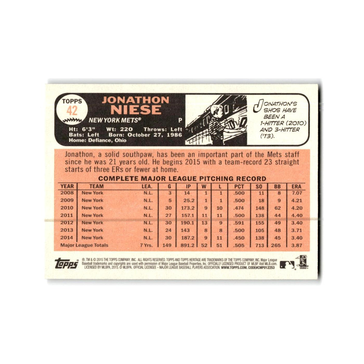 Jonathon Niese 2015 Topps Heritage #42 New York Mets Baseball Card NM