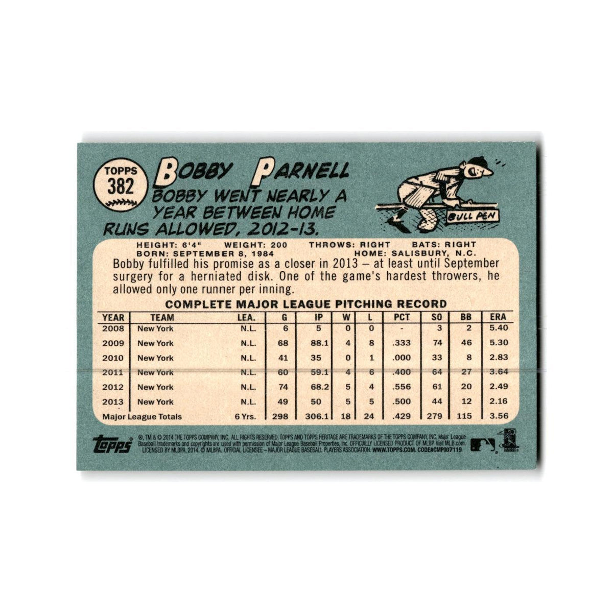 Bobby Parnell 2014 Topps Heritage #382 New York Mets Baseball Card NM