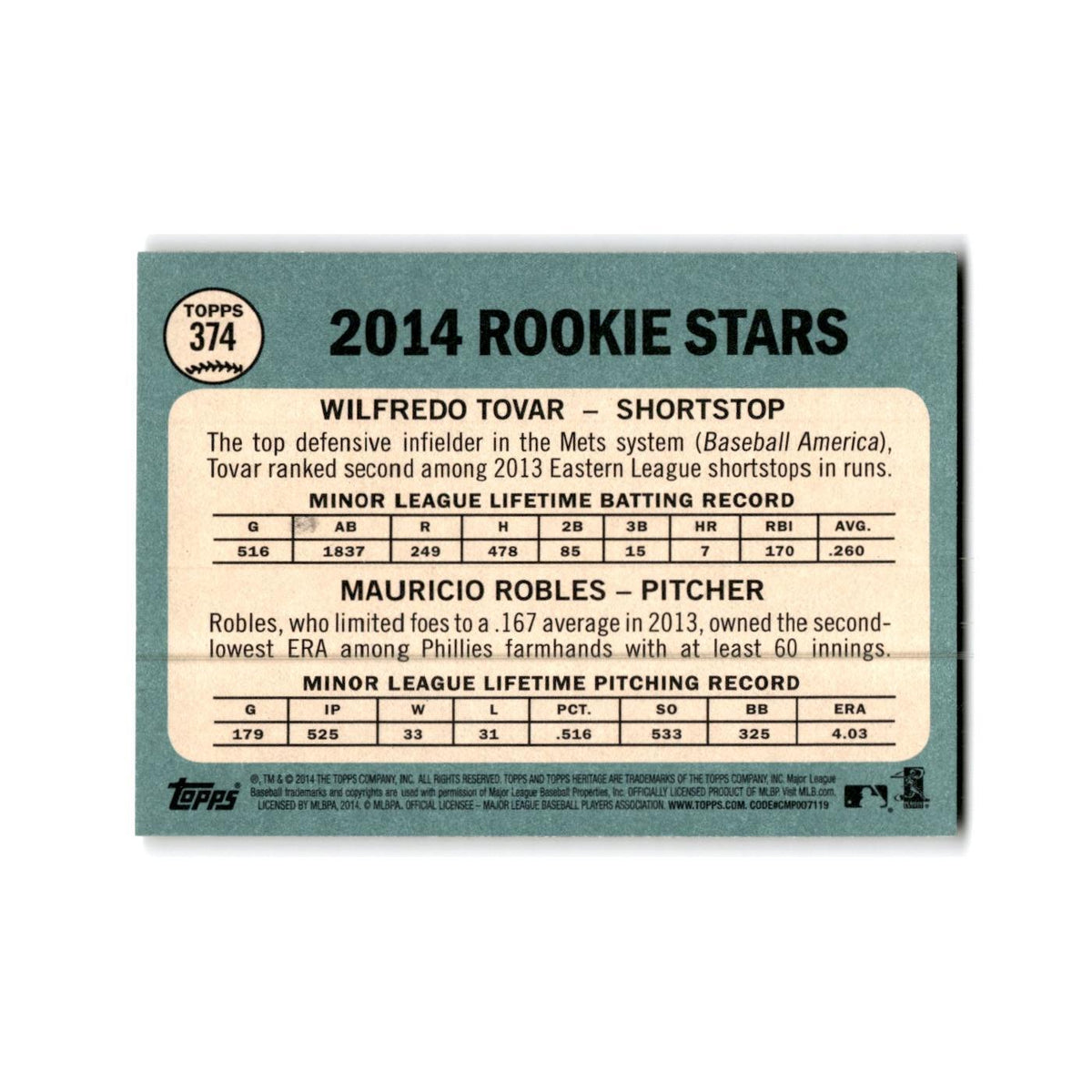 Wilfredo Tovar  Mauricio Robles Rookie 2014 Topps Heritage #374 NM