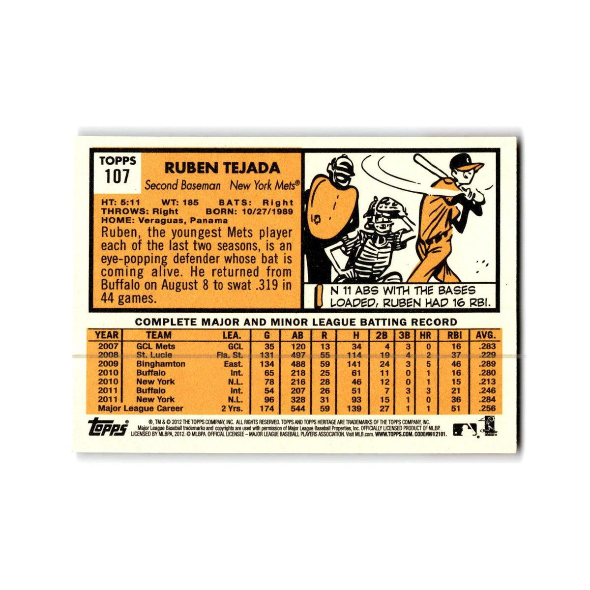 Ruben Tejada 2012 Topps Heritage #107 New York Mets Baseball Card NM