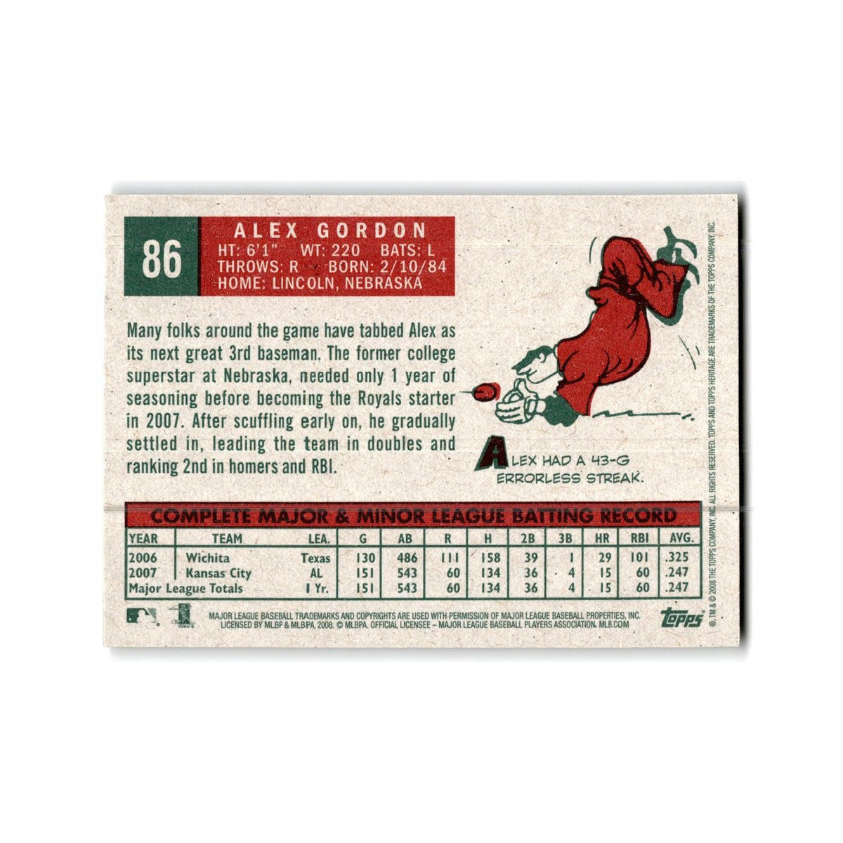 Alex Gordon 2008 Topps Heritage #86 Kansas City Royals Baseball Card NM