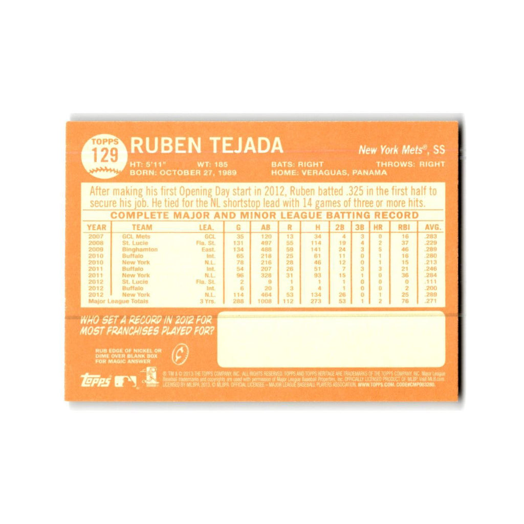 Ruben Tejada 2013 Topps Heritage #129 New York Mets Baseball Card NM