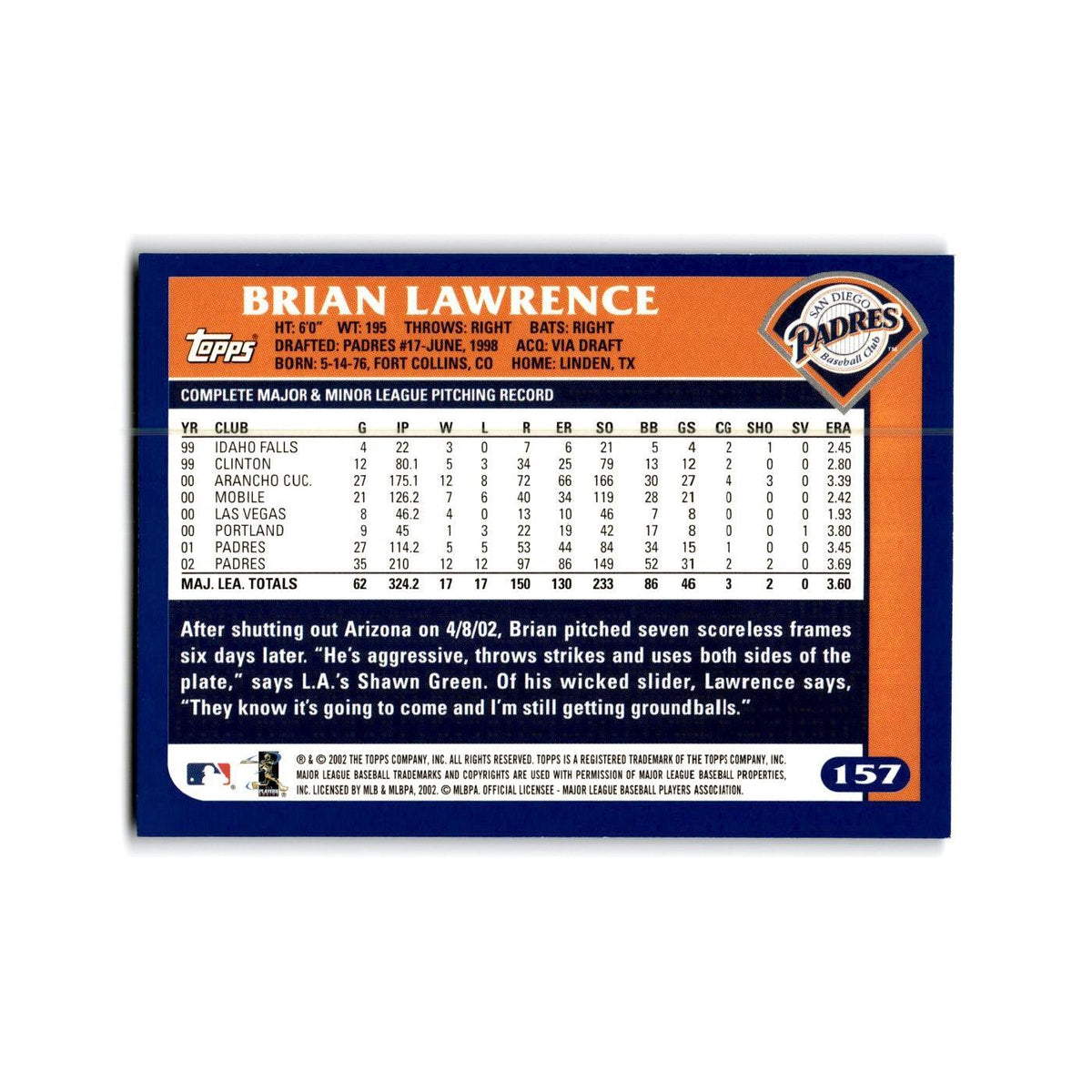 Brian Lawrence 2003 Topps #157 San Diego Padres Baseball Card NM