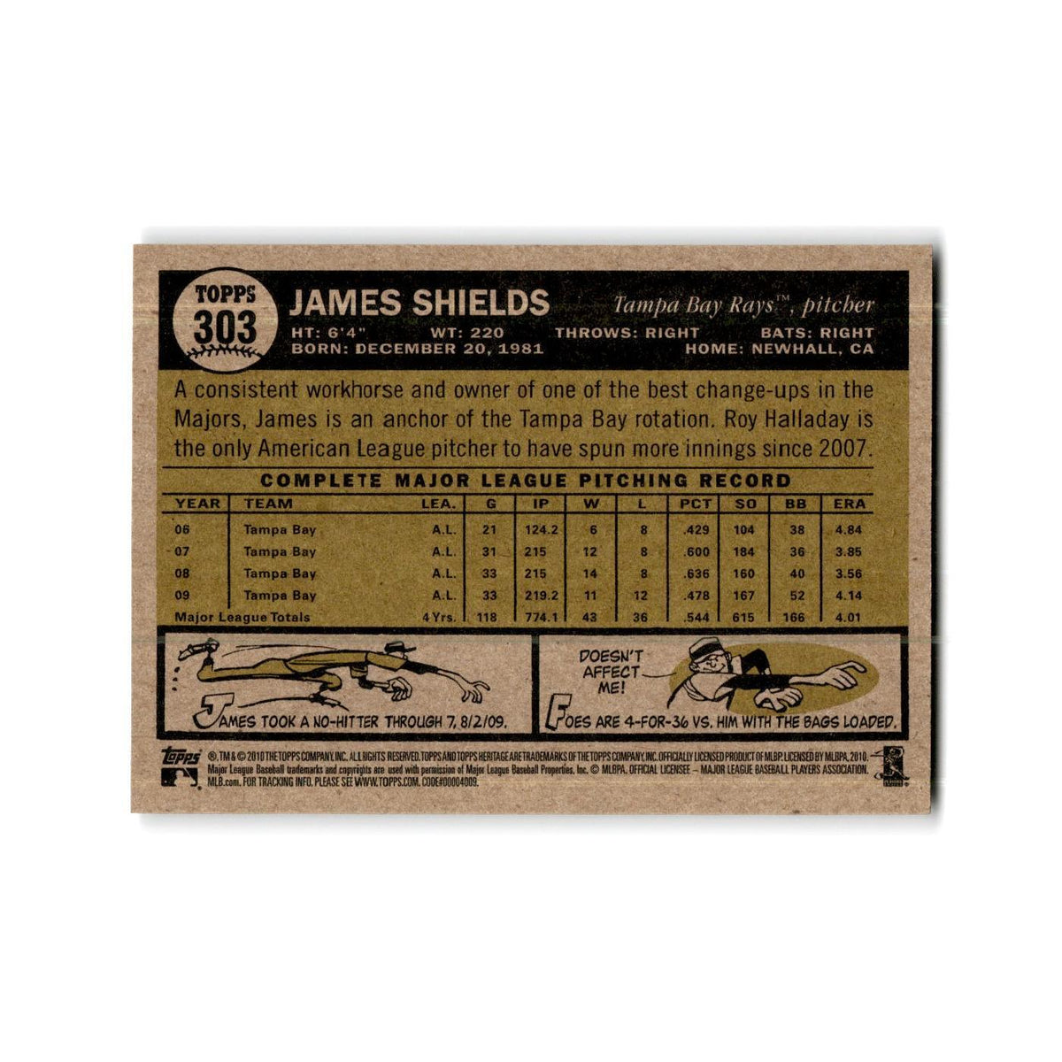 James Shields 2010 Topps Heritage #303 Tampa Bay Rays Baseball Card NM