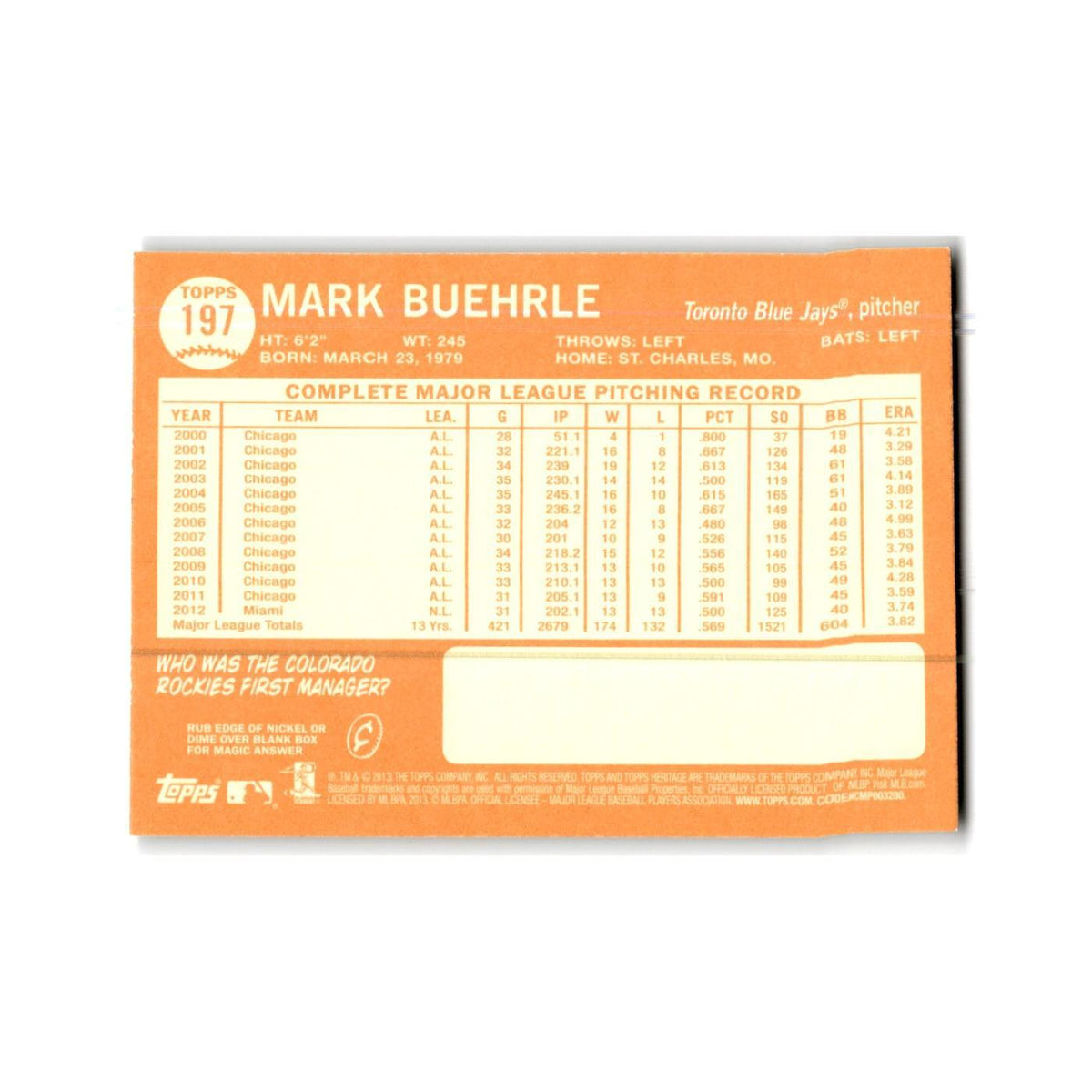 Mark Buehrle 2013 Topps Heritage #197 Toronto Blue Jays Baseball Card NM