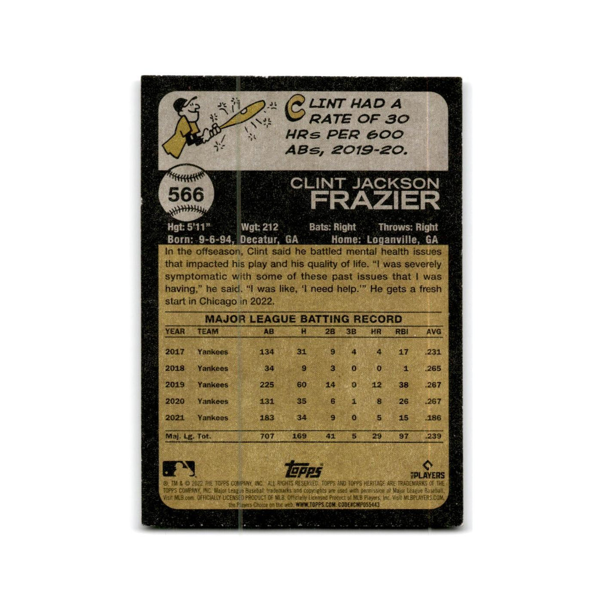 Clint Frazier 2022 Topps Heritage #566 Chicago Cubs Baseball Card NM