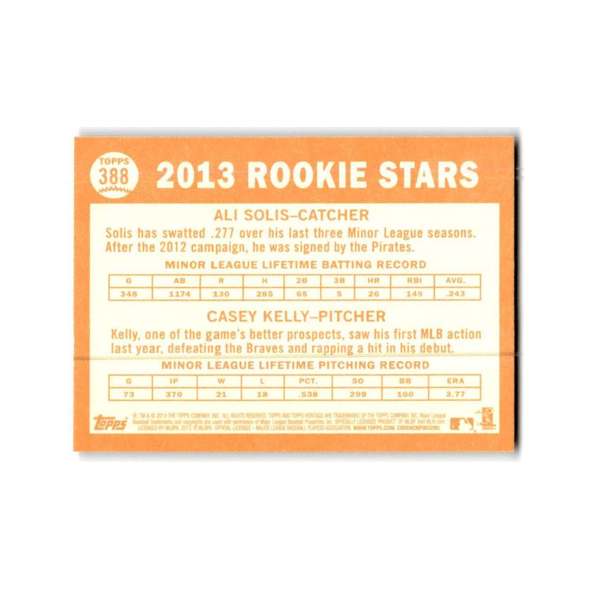 Ali Solis Casey Kelly Rookie 2013 Topps Heritage #388 NM