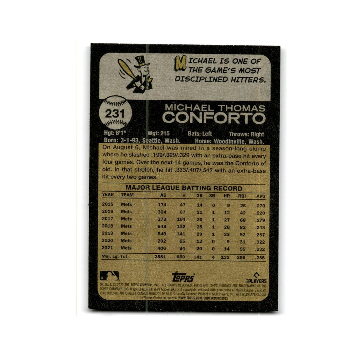 Michael Conforto 2022 Topps Heritage #231 New York Mets Baseball Card NM
